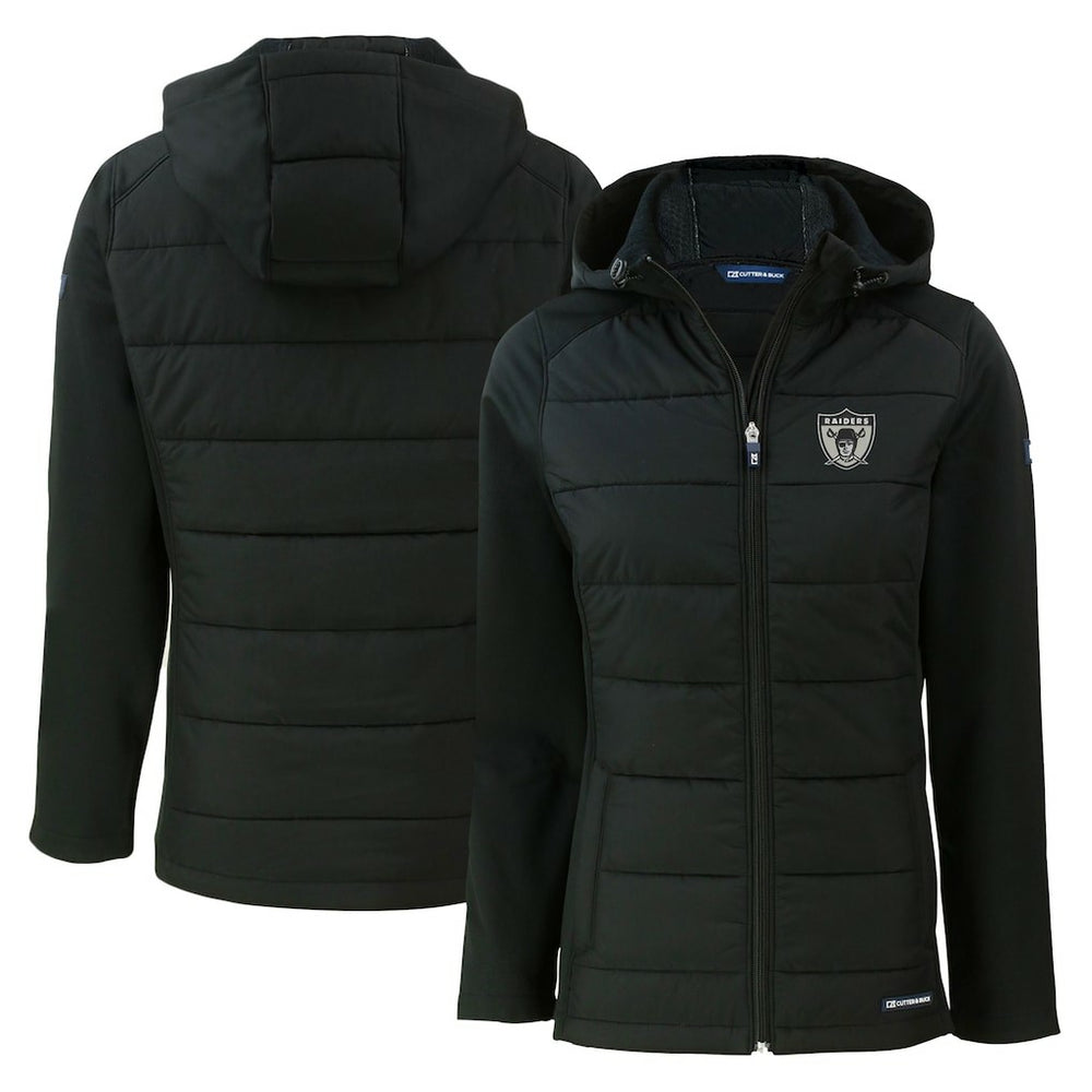 Las Vegas Raiders Cutter & Buck Women's Throwback Evoke Hybrid Eco Softshell Recycled Full-Zip Hoodie Jacket Black