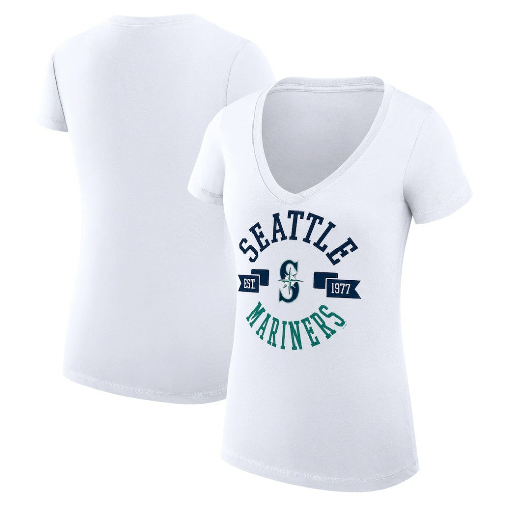 Seattle Mariners G-III 4Her by Carl Banks Women's Super-Slim Fit Lightweight City Graphic V-Neck T-Shirt - White - MLB on Sale