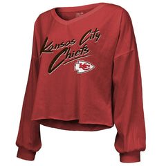 Travis Kelce Kansas City Chiefs Majestic Threads Women's Name & Number Off-Shoulder Script Cropped Long Sleeve V-Neck T-Shirt Red