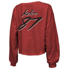 Travis Kelce Kansas City Chiefs Majestic Threads Women's Name & Number Off-Shoulder Script Cropped Long Sleeve V-Neck T-Shirt Red