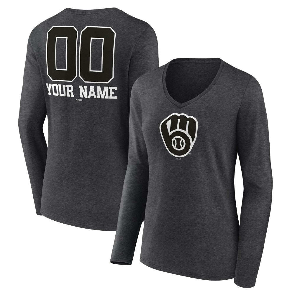 Milwaukee Brewers Women's Personalized Monochrome Name & Number Long Sleeve V-Neck T-Shirt - Charcoal - MLB on Sale