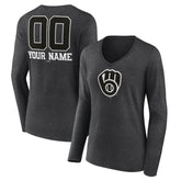 Milwaukee Brewers Women's Personalized Monochrome Name & Number Long Sleeve V-Neck T-Shirt - Charcoal - MLB on Sale