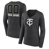 Minnesota Twins Women's Personalized Monochrome Name & Number Long Sleeve V-Neck T-Shirt - Charcoal - MLB Lifestyle