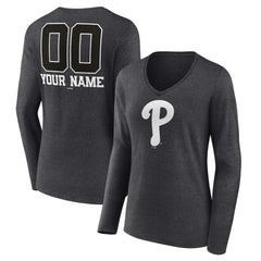 Philadelphia Phillies Women's Personalized Monochrome Name & Number Long Sleeve V-Neck T-Shirt - Charcoal - MLB Lifestyle