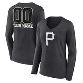 Pittsburgh Pirates Women's Personalized Monochrome Name & Number Long Sleeve V-Neck T-Shirt - Charcoal - MLB Online