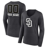 San Diego Padres Women's Personalized Monochrome Name & Number Long Sleeve V-Neck T-Shirt - Charcoal - MLB Lifestyle