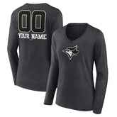 Toronto Blue Jays Women's Personalized Monochrome Name & Number Long Sleeve V-Neck T-Shirt - Charcoal - MLB Lifestyle