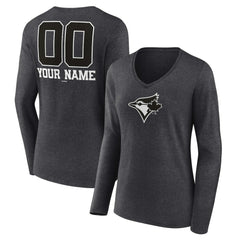 Toronto Blue Jays Women's Personalized Monochrome Name & Number Long Sleeve V-Neck T-Shirt - Charcoal - MLB Lifestyle