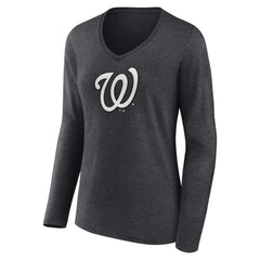 Washington Nationals Women's Personalized Monochrome Name & Number Long Sleeve V-Neck T-Shirt - Charcoal - MLB Lifestyle