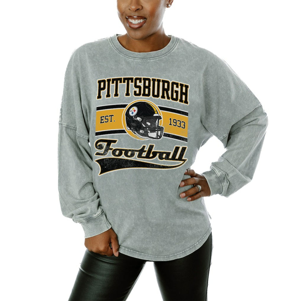 Pittsburgh Steelers Gameday Couture Women's Snow Wash Oversized Long Sleeve T-Shirt – Gray