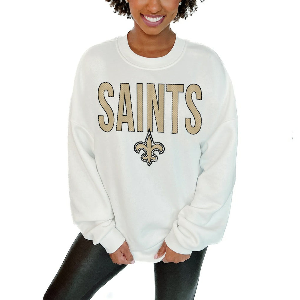 New Orleans Saints Gameday Couture Women's Just Go With It Oversized Long Sleeve Crewneck Sweatshirt – White