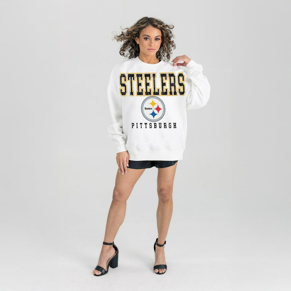 Pittsburgh Steelers Gameday Couture Women's Sunday Drives Oversized Crewneck Pullover Sweatshirt – White