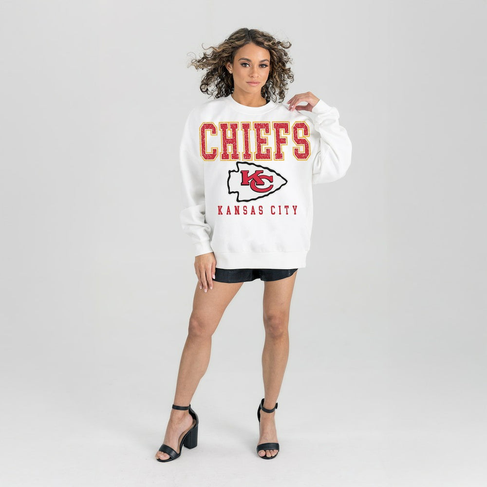 Kansas City Chiefs Gameday Couture Women's Sunday Drives Oversized Crewneck Pullover Sweatshirt – White
