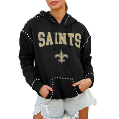 New Orleans Saints Gameday Couture Women's Oversized Catch the Vibe Studded Pullover Hoodie Black