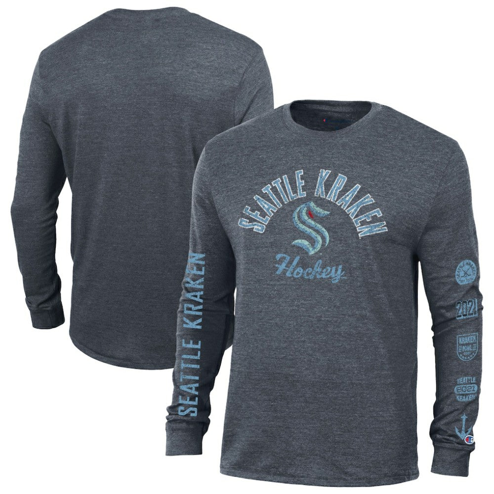 Seattle Kraken Champion Multi-Logo Tri-Blend Long Sleeve T-Shirt - Heather Navy - NHL 200838109