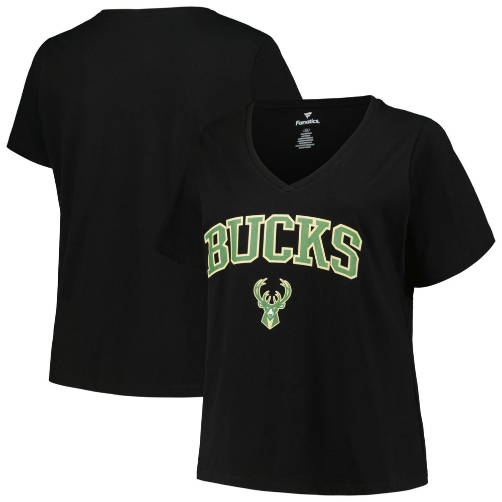 Milwaukee Bucks Profile Women's Plus Size Arch Over Logo V-Neck T-Shirt Black