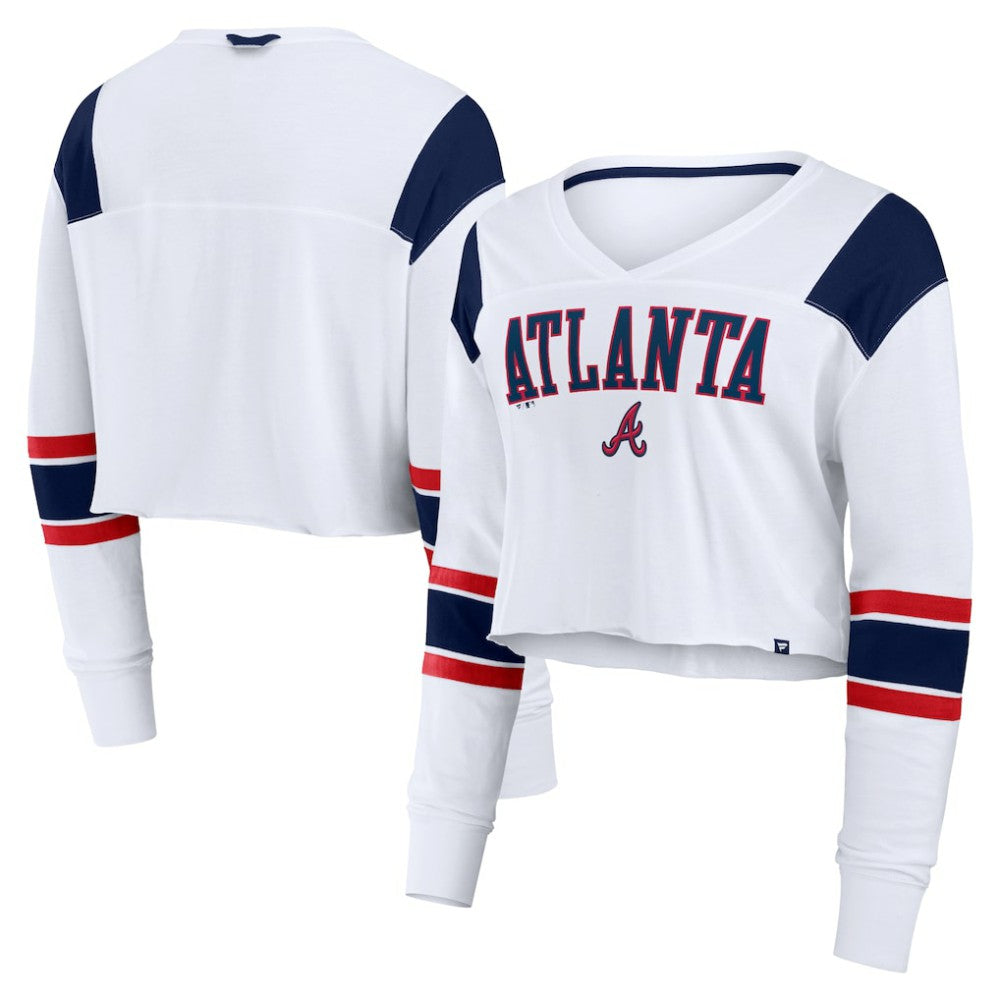 Atlanta Braves Fanatics Women's Stretch Cropped Fashion Long Sleeve T-Shirt - White - Fanatics Lifestyle