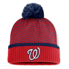 Washington Nationals Fanatics Women's Fundamental Jacquard Cuffed Knit Hat with Pom - Red - Fanatics Discount