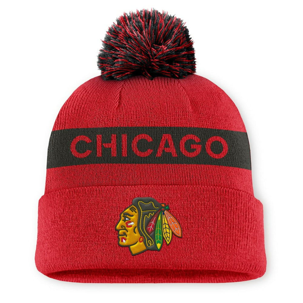 Chicago Blackhawks Fanatics Women's Authentic Pro Rink Cuffed Knit Hat with Pom - Red/Black - NHL 200897942