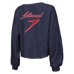 C.J. Stroud Houston Texans Majestic Threads Women's Name & Number Script Off-Shoulder Cropped Long Sleeve T-Shirt Navy