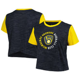 Milwaukee Brewers New Era Women's Plus Size Crossover Back Cropped T-Shirt - Navy - New Era Lifestyle