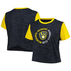 Milwaukee Brewers New Era Women's Plus Size Crossover Back Cropped T-Shirt - Navy - New Era Lifestyle