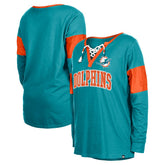Miami Dolphins New Era Women's Lace-Up Notch-Neck Long Sleeve T-Shirt Aqua
