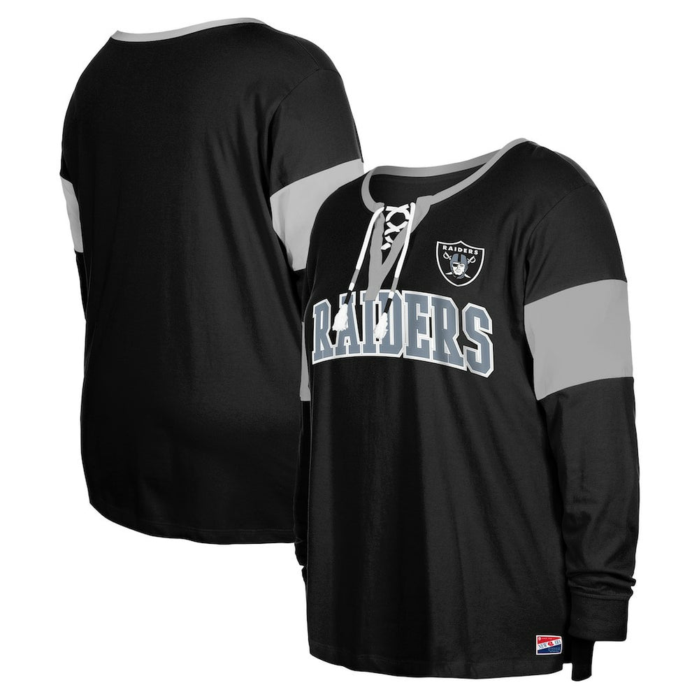Las Vegas Raiders New Era Women's Plus Size Lace-Up Notch Neck Long Sleeve T-Shirt Black