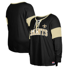 New Orleans Saints New Era Women's Plus Size Lace-Up Notch Neck Long Sleeve T-Shirt Black