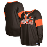 Cleveland Browns New Era Women's Plus Size Lace-Up Notch Neck Long Sleeve T-Shirt Brown