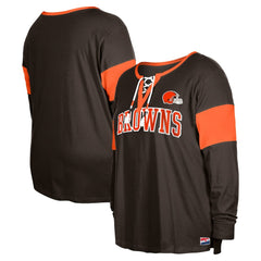 Cleveland Browns New Era Women's Plus Size Lace-Up Notch Neck Long Sleeve T-Shirt Brown