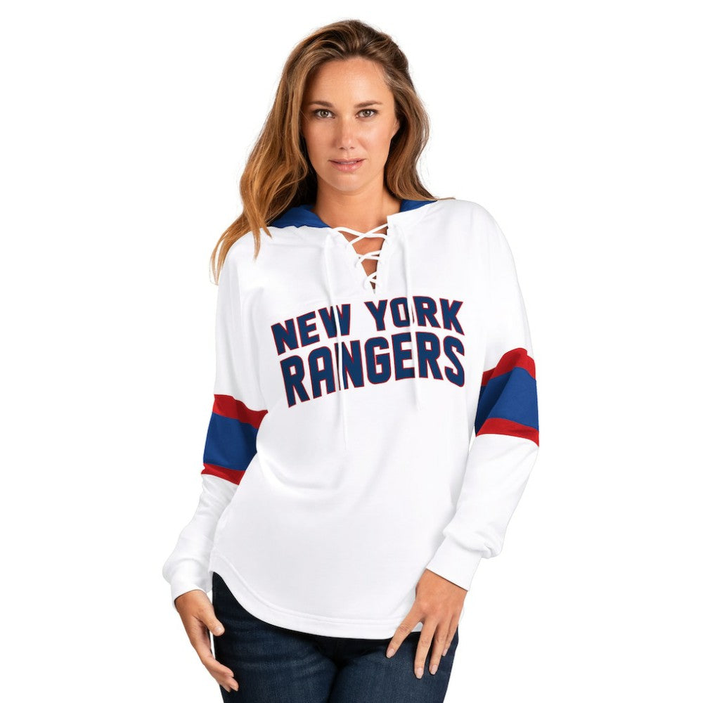 New York Rangers G-III 4Her by Carl Banks Women's Goal Zone Long Sleeve Lace-Up Hoodie T-Shirt - White/Blue - NHL 201038243