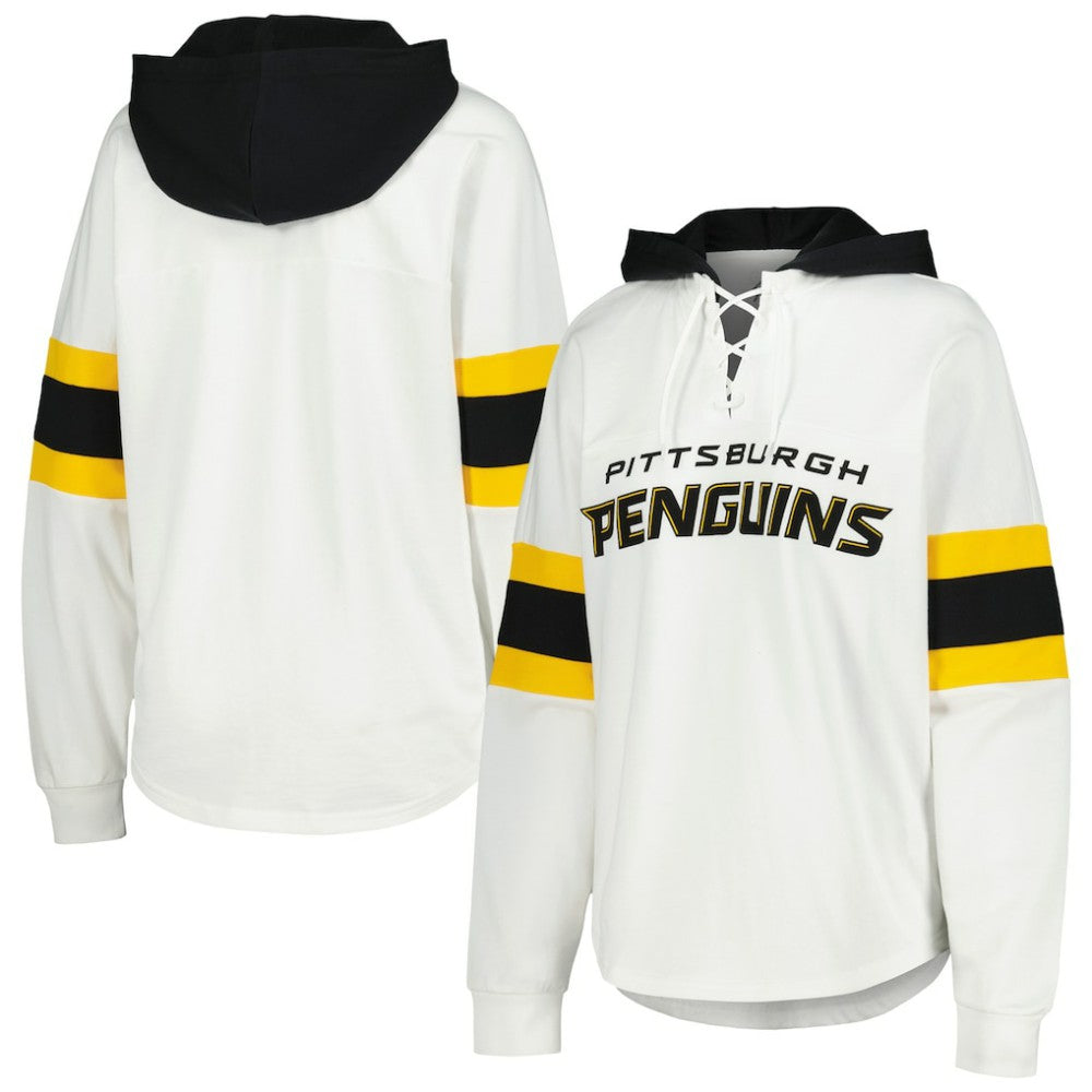Pittsburgh Penguins G-III 4Her by Carl Banks Women's Goal Zone Long Sleeve Lace-Up Hoodie T-Shirt - White/Black - NHL 201038244