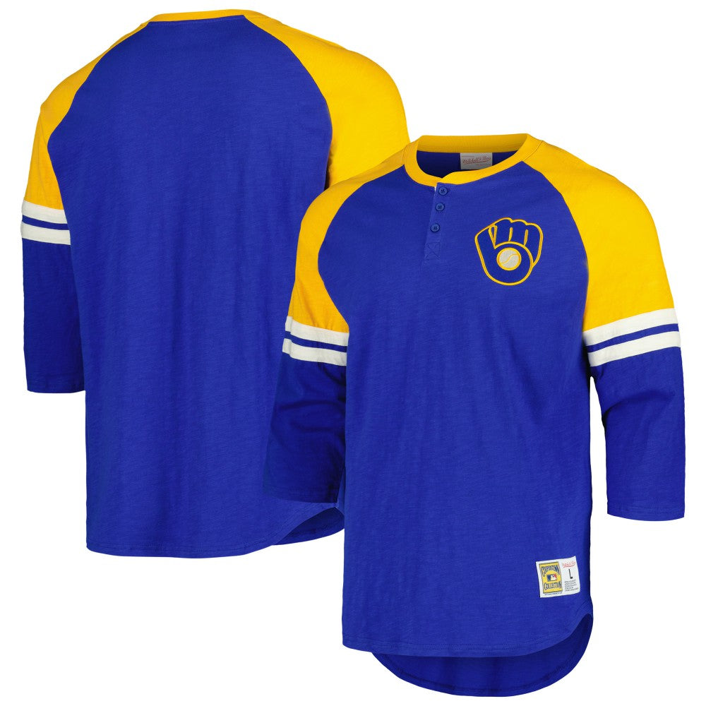 Milwaukee Brewers Mitchell & Ness Cooperstown Collection Legendary Raglan Slub Henley 3/4-Sleeve T-Shirt - Royal - Mitchell & Ness Lifestyle