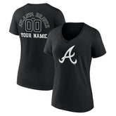 Atlanta Braves Women's Monochrome Personalized Name & Number V-Neck T-Shirt - Black - MLB Lifestyle