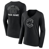 Chicago Cubs Women's Monochrome Personalized Name & Number Long Sleeve V-Neck T-Shirt - Black - MLB Discount