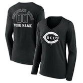 Cincinnati Reds Women's Monochrome Personalized Name & Number Long Sleeve V-Neck T-Shirt - Black - MLB Online
