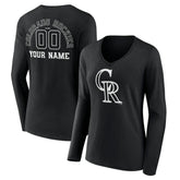 Colorado Rockies Women's Monochrome Personalized Name & Number Long Sleeve V-Neck T-Shirt - Black - MLB Discount