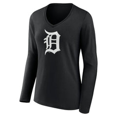 Detroit Tigers Women's Monochrome Personalized Name & Number Long Sleeve V-Neck T-Shirt - Black - MLB Lifestyle