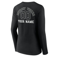 Detroit Tigers Women's Monochrome Personalized Name & Number Long Sleeve V-Neck T-Shirt - Black - MLB Lifestyle