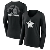 Houston Astros Women's Monochrome Personalized Name & Number Long Sleeve V-Neck T-Shirt - Black - MLB Lifestyle