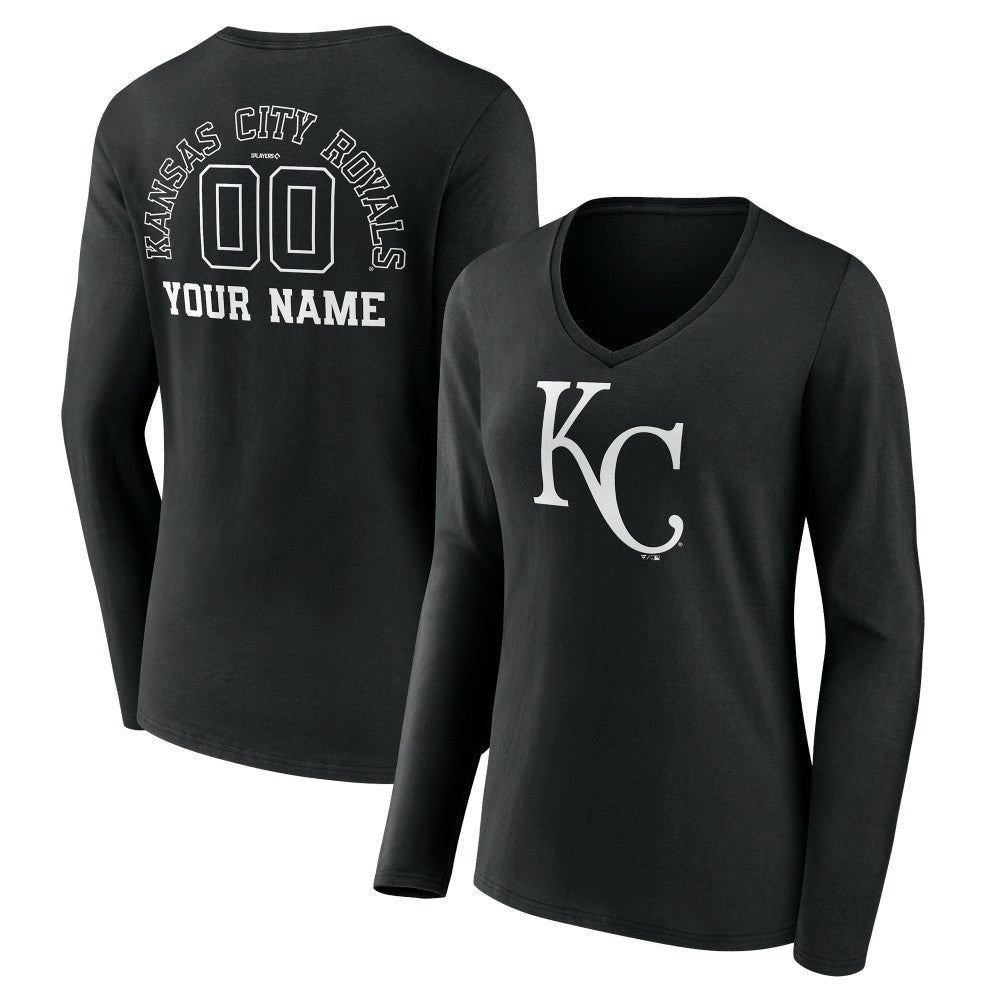 Kansas City Royals Women's Monochrome Personalized Name & Number Long Sleeve V-Neck T-Shirt - Black - MLB Sale