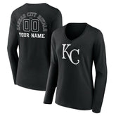 Kansas City Royals Women's Monochrome Personalized Name & Number Long Sleeve V-Neck T-Shirt - Black - MLB Sale