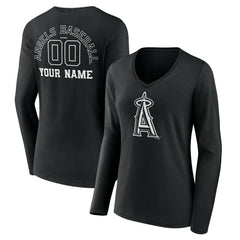 Los Angeles Angels Women's Monochrome Personalized Name & Number Long Sleeve V-Neck T-Shirt - Black - MLB Discount