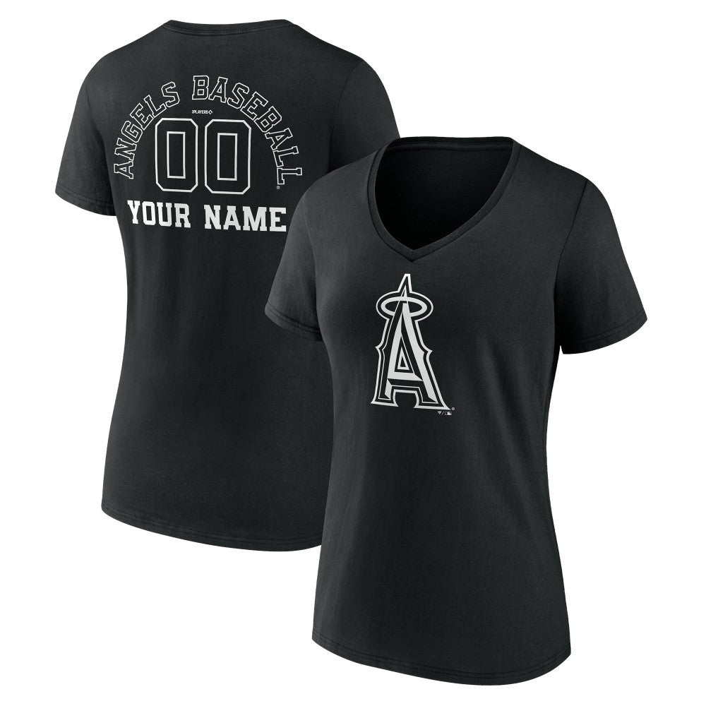 Los Angeles Angels Women's Monochrome Personalized Name & Number V-Neck T-Shirt - Black - MLB Sale