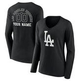 Los Angeles Dodgers Women's Monochrome Personalized Name & Number Long Sleeve V-Neck T-Shirt - Black - MLB Lifestyle