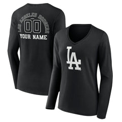 Los Angeles Dodgers Women's Monochrome Personalized Name & Number Long Sleeve V-Neck T-Shirt - Black - MLB Lifestyle