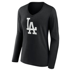 Los Angeles Dodgers Women's Monochrome Personalized Name & Number Long Sleeve V-Neck T-Shirt - Black - MLB Lifestyle