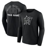 Miami Marlins Monochrome Personalized Name & Number Long Sleeve T-Shirt - Black - MLB on Sale