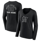 Miami Marlins Women's Monochrome Personalized Name & Number Long Sleeve V-Neck T-Shirt - Black - MLB Discount